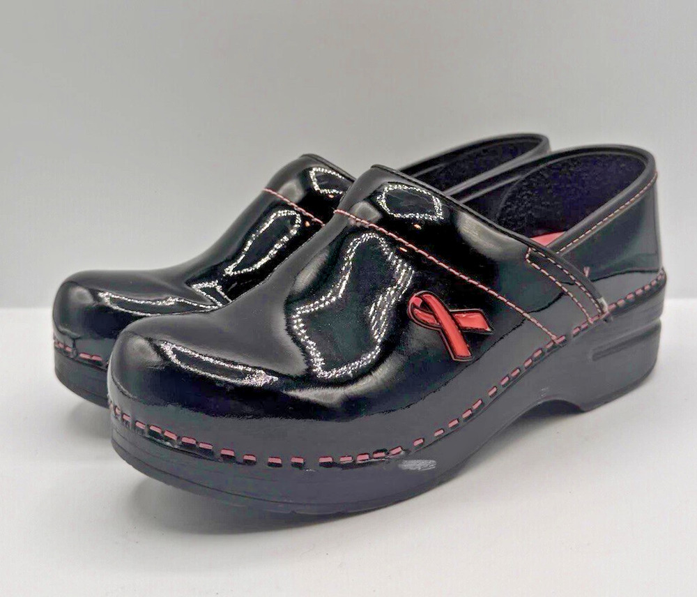 Dansko Clogs Patent Black Leather Size 37 Pink Ribbon Breast Cancer Awareness